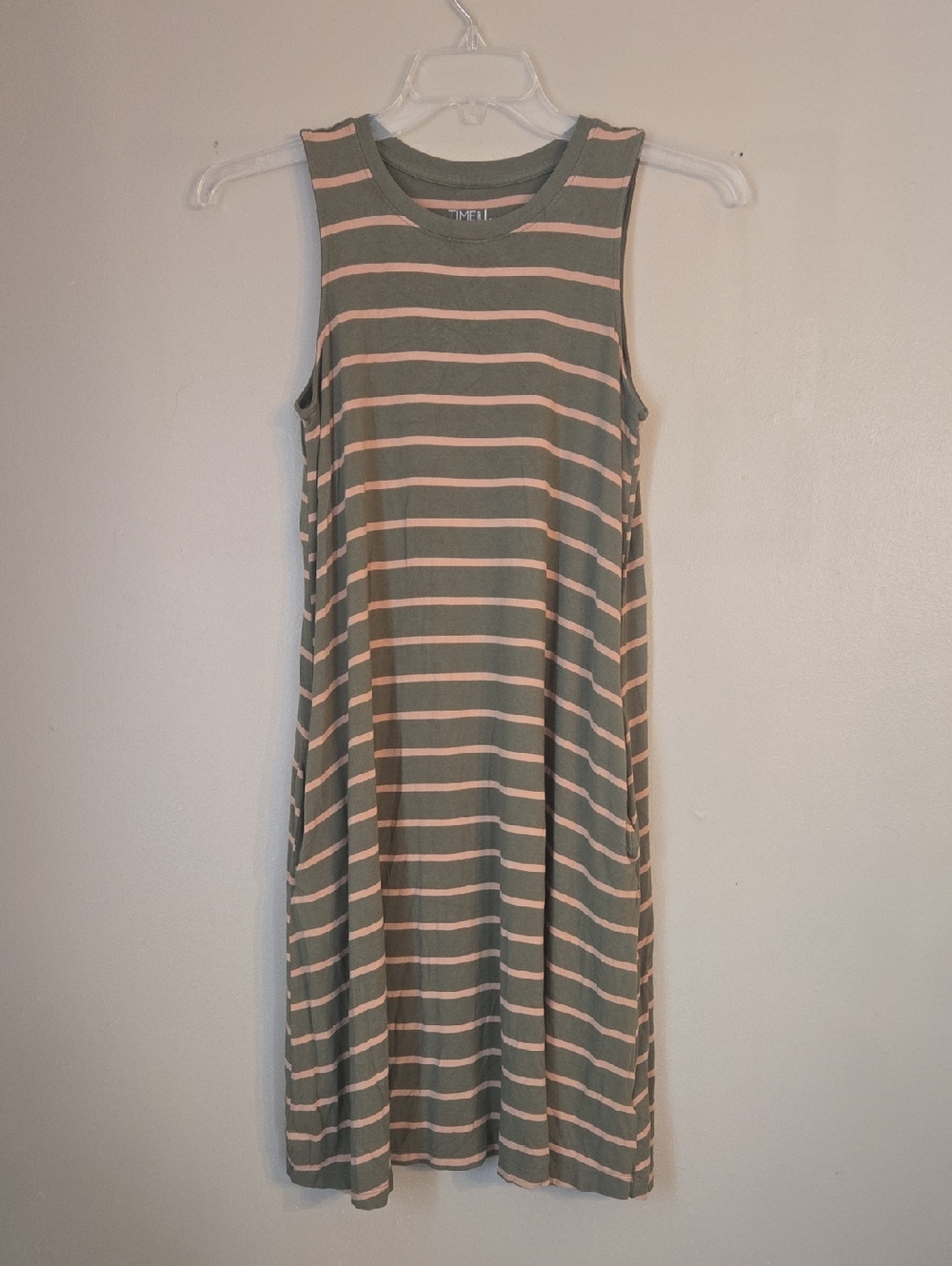 Time And Tru - Sleeveless Green and Beige Striped Midi Dress